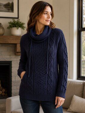 LL Bean Signature Cable Knit Cotton Sweater S Indigo